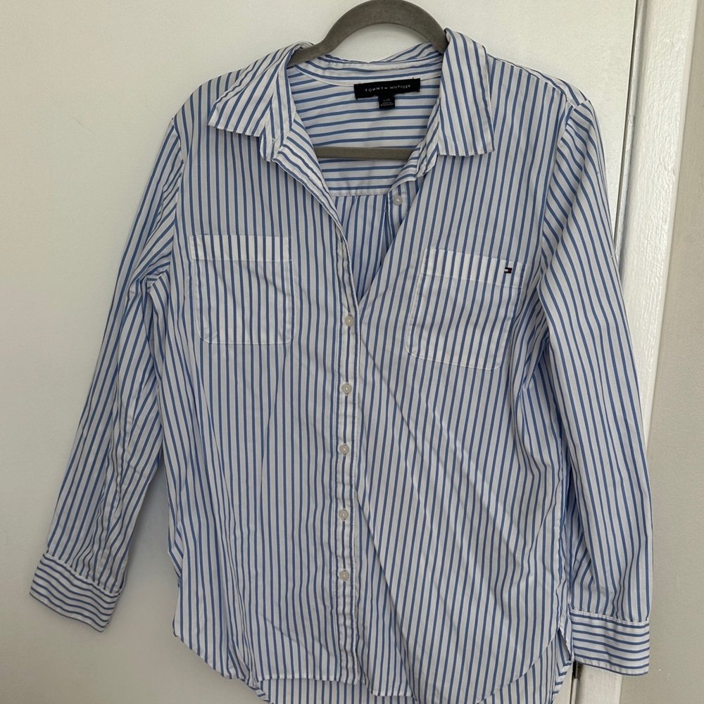 Tommy Hilfiger Classic Blue and White Striped Button-Up